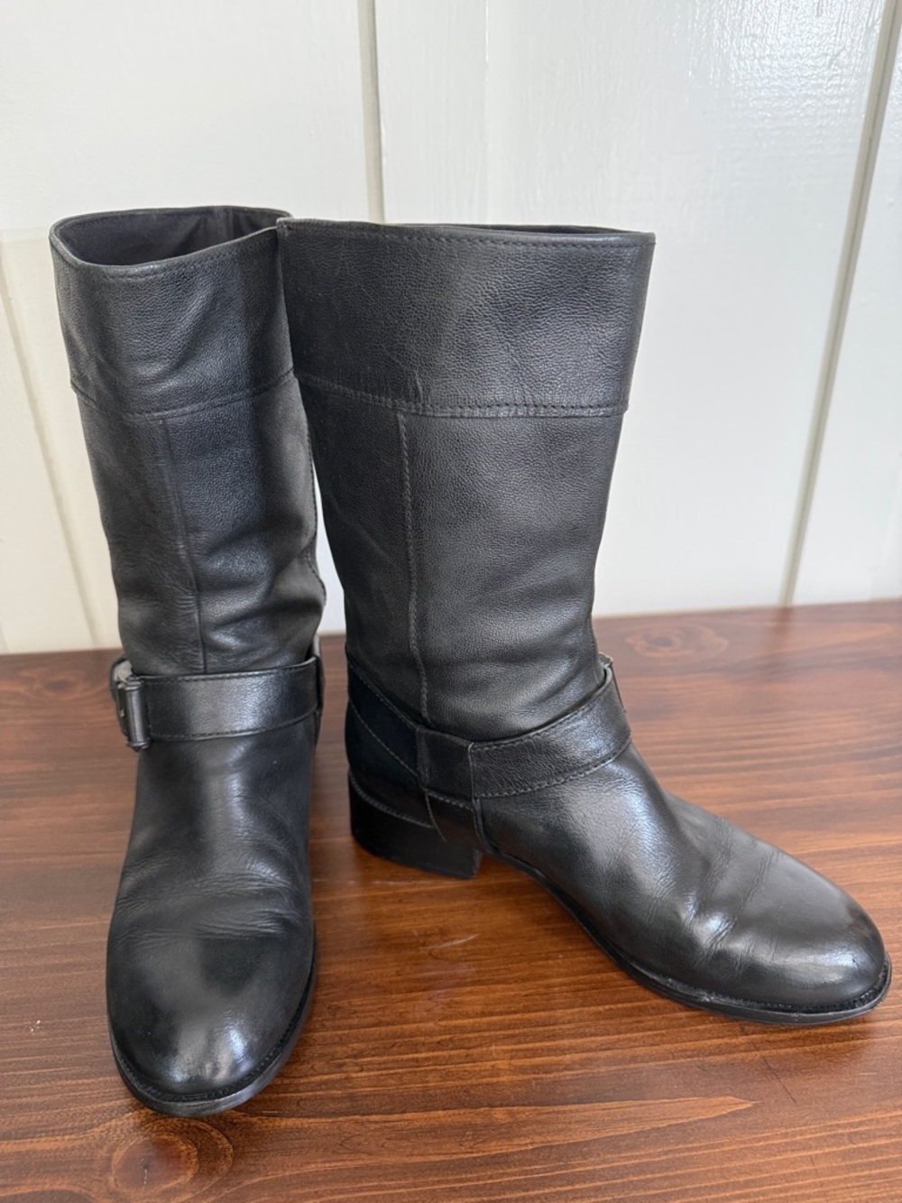 Cole Haan Nike Air collab Black Leather Mid Calf Boots Buckle Riding 9